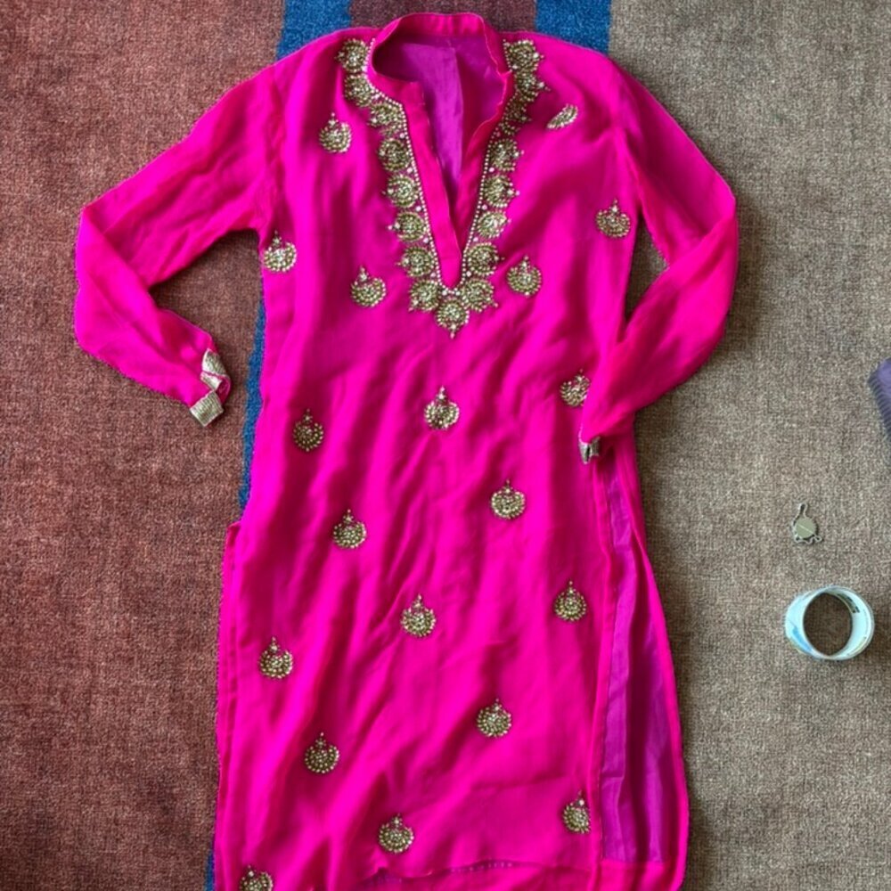 Neon‎ Pink & Gold Silk Chanderi/Tunic/Kurta